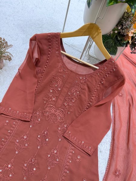 Timeless Brown Georgette Embroidered Suit Set with Palazzo and Dupatta at Wholesale Rate Ready To Wear Collection