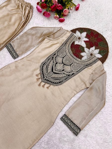 Timeless Cream Designer Top Palazzo Set with Sequin and Hand Stitched Latkan Work Embroidery Kurtis 