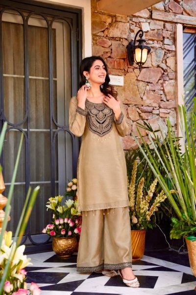 Timeless Cream Designer Top Palazzo Set with Sequin and Hand Stitched Latkan Work Embroidery Kurtis 