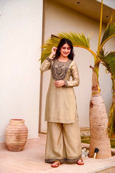 Timeless Cream Designer Top Palazzo Set with Sequin and Hand Stitched Latkan Work Embroidery Kurtis 
