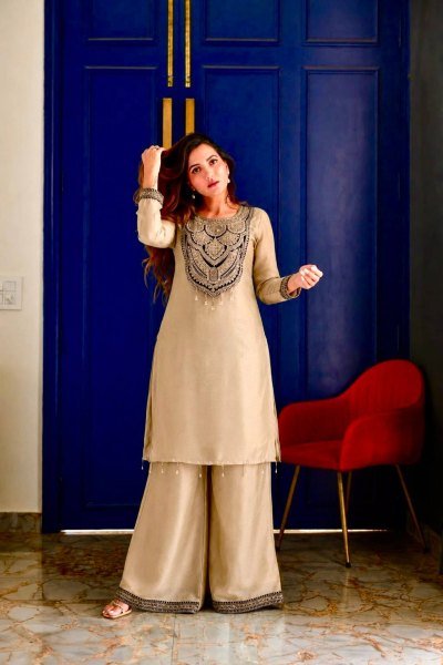 Timeless Cream Designer Top Palazzo Set with Sequin and Hand Stitched Latkan Work Embroidery Kurtis 