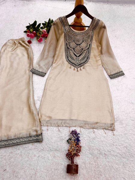 Timeless Cream Designer Top Palazzo Set with Sequin and Hand Stitched Latkan Work Embroidery Kurtis 