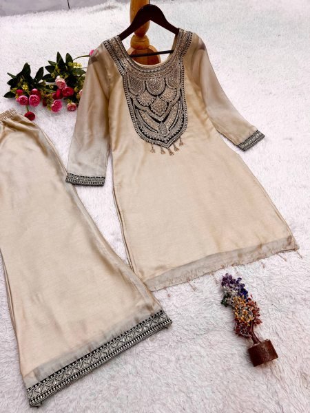 Timeless Cream Designer Top Palazzo Set with Sequin and Hand Stitched Latkan Work Embroidery Kurtis 
