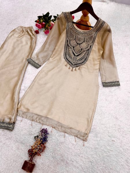 Timeless Cream Designer Top Palazzo Set with Sequin and Hand Stitched Latkan Work Embroidery Kurtis 