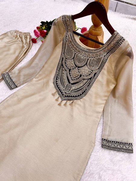 Timeless Cream Designer Top Palazzo Set with Sequin and Hand Stitched Latkan Work Embroidery Kurtis 