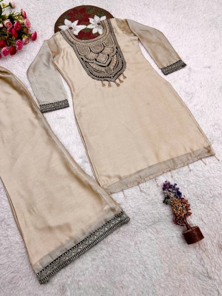 Timeless Cream Designer Top Palazzo Set with Sequin and Hand Stitched Latkan Work Embroidery Kurtis 