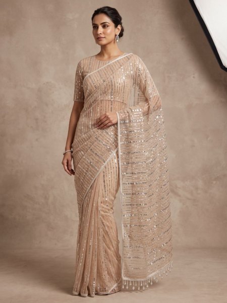 Timeless Cream Pure Soft Net Saree with Original Beads Work and Fancy Moti Lace Border Sarees 