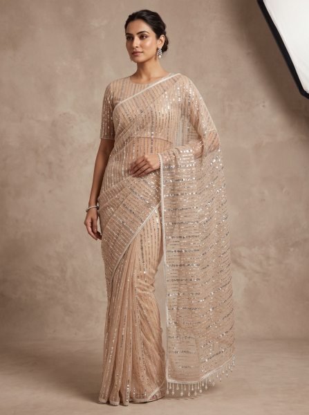 Timeless Cream Pure Soft Net Saree with Original Beads Work and Fancy Moti Lace Border Bollywood Fancy Sarees Wholesale