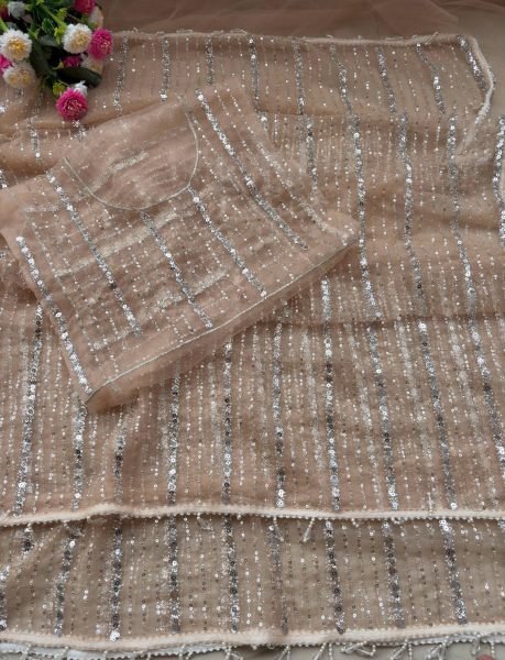 Timeless Cream Pure Soft Net Saree with Original Beads Work and Fancy Moti Lace Border Bollywood Fancy Sarees Wholesale