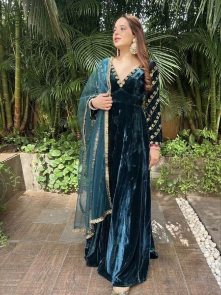 Timeless elvet Embroidered Sequence Round Neck Gown with 4 Meter Flair   Net Dupatta for Wedding Functions Kurtis