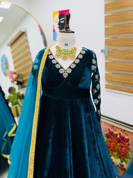 Timeless elvet Embroidered Sequence Round Neck Gown with 4 Meter Flair   Net Dupatta for Wedding Functions Kurti With Dupatta Wholesale