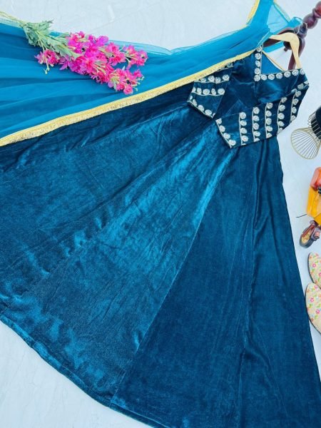 Timeless elvet Embroidered Sequence Round Neck Gown with 4 Meter Flair   Net Dupatta for Wedding Functions Kurti With Dupatta Wholesale