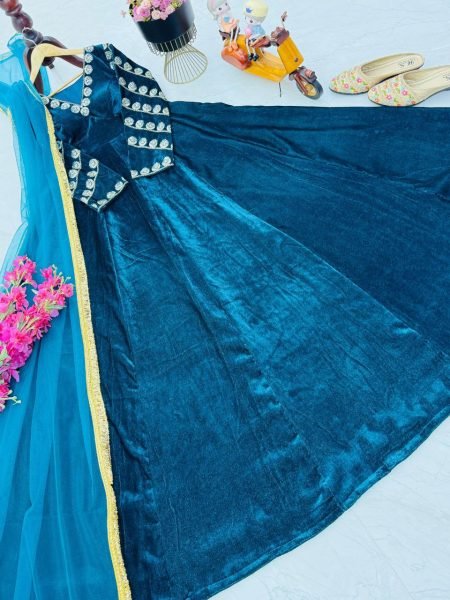 Timeless elvet Embroidered Sequence Round Neck Gown with 4 Meter Flair   Net Dupatta for Wedding Functions Kurti With Dupatta Wholesale