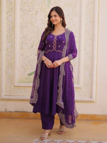 Timeless Ethnic Glam Purple Mul Chanderi Kurti Pant Set With Embroidery Work Ready To Wear Suit