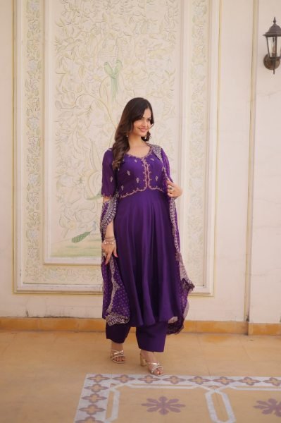 Timeless Ethnic Glam Purple Mul Chanderi Kurti Pant Set With Embroidery Work Ready To Wear Collection