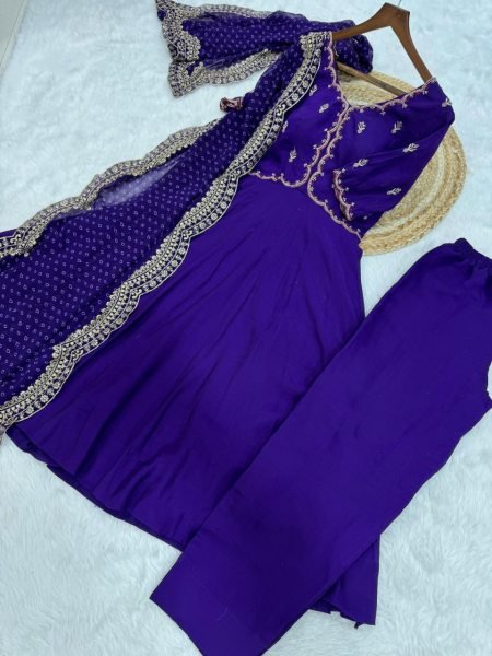 Timeless Ethnic Glam Purple Mul Chanderi Kurti Pant Set With Embroidery Work Ready To Wear Collection