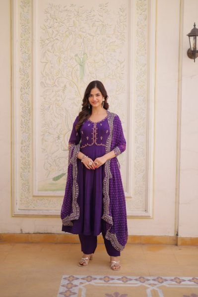 Timeless Ethnic Glam Purple Mul Chanderi Kurti Pant Set With Embroidery Work Ready To Wear Collection