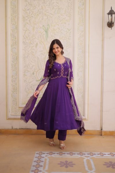 Timeless Ethnic Glam Purple Mul Chanderi Kurti Pant Set With Embroidery Work Ready To Wear Collection