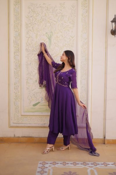 Timeless Ethnic Glam Purple Mul Chanderi Kurti Pant Set With Embroidery Work Ready To Wear Collection