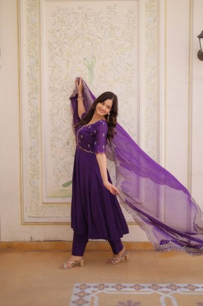 Timeless Ethnic Glam Purple Mul Chanderi Kurti Pant Set With Embroidery Work Ready To Wear Collection