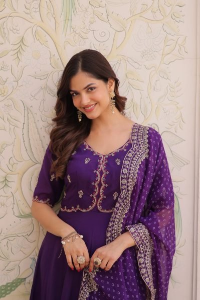 Timeless Ethnic Glam Purple Mul Chanderi Kurti Pant Set With Embroidery Work Ready To Wear Collection