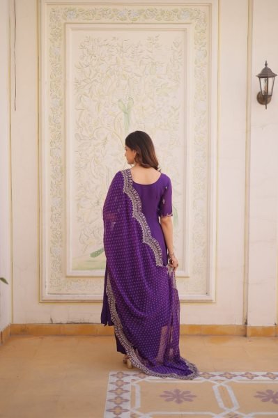 Timeless Ethnic Glam Purple Mul Chanderi Kurti Pant Set With Embroidery Work Ready To Wear Collection
