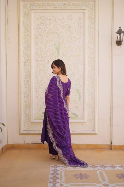Timeless Ethnic Glam Purple Mul Chanderi Kurti Pant Set With Embroidery Work Ready To Wear Collection