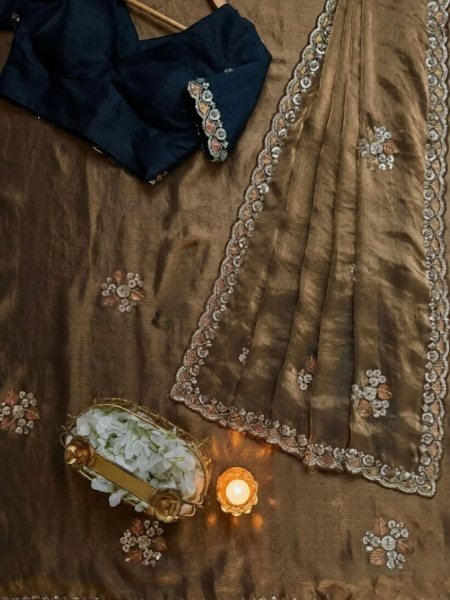 Timeless Golden Satin Chiffon Beads Work Saree with Designer Satin Unstitched Blouse 