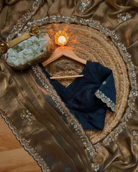 Timeless Golden Satin Chiffon Beads Work Saree with Designer Satin Unstitched Blouse Designer Wedding Sarees Wholesale