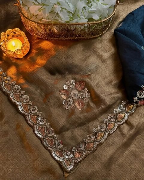 Timeless Golden Satin Chiffon Beads Work Saree with Designer Satin Unstitched Blouse Designer Wedding Sarees Wholesale