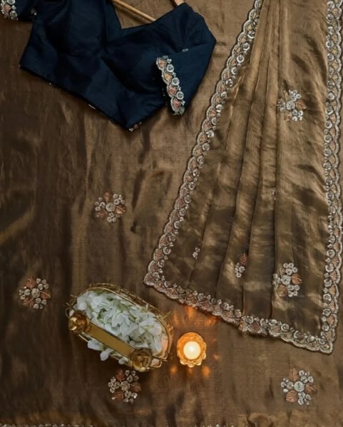 Timeless Golden Satin Chiffon Beads Work Saree with Designer Satin Unstitched Blouse Designer Wedding Sarees Wholesale