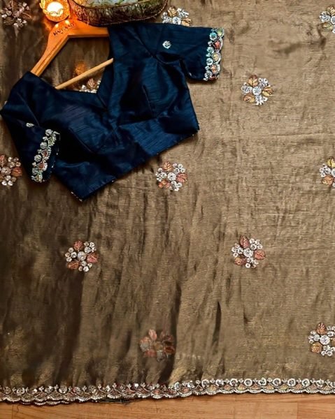 Timeless Golden Satin Chiffon Beads Work Saree with Designer Satin Unstitched Blouse Designer Wedding Sarees Wholesale