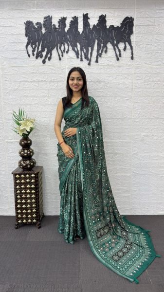 Timeless Green Elegant Soft Cotton Saree with Designer Mirror Work for Festive Season Printed Cotton Sarees Wholesale