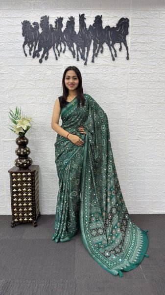 Timeless Green Elegant Soft Cotton Saree with Designer Mirror Work for Festive Season Printed Cotton Sarees Wholesale