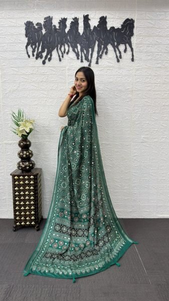 Timeless Green Elegant Soft Cotton Saree with Designer Mirror Work for Festive Season Printed Cotton Sarees Wholesale