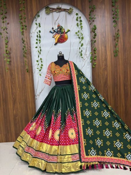 Timeless Green Muslin Cotton Lehenga Choli with Real Mirror Work and Gota Patti Navratri Lehnega Choli