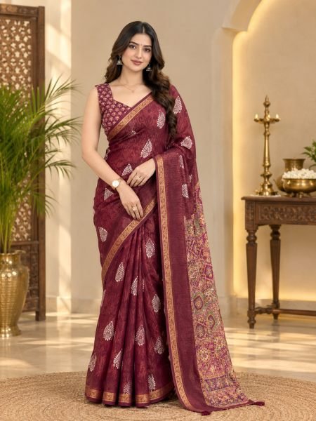 Timeless Maroon Batik Printed Cotton Jacquard Saree with Zari Weaving Border Sarees 