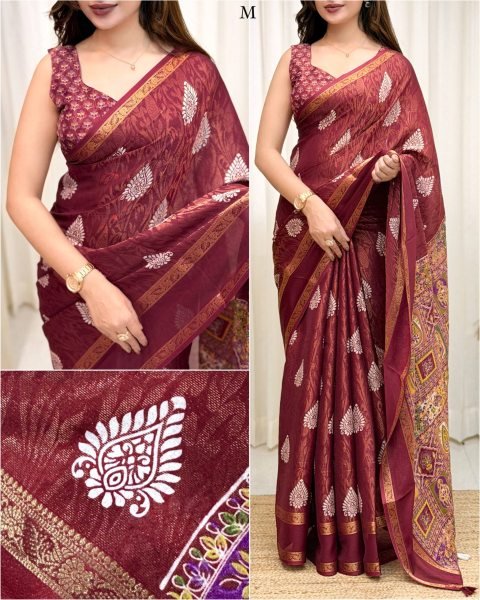 Timeless Maroon Batik Printed Cotton Jacquard Saree with Zari Weaving Border Printed Cotton Sarees Wholesale