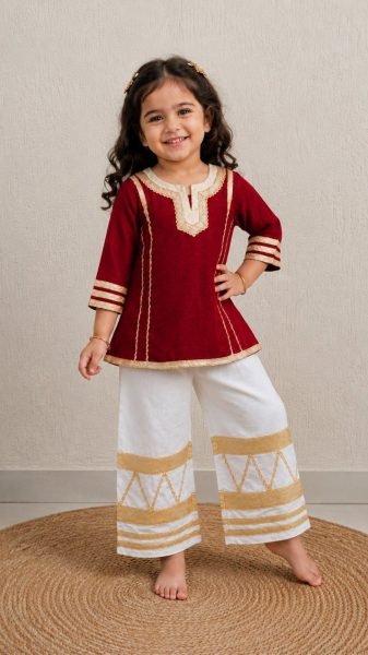 Timeless Maroon Kids Girls Cotton Blend Palazzo Set for Diwali Girls Wear