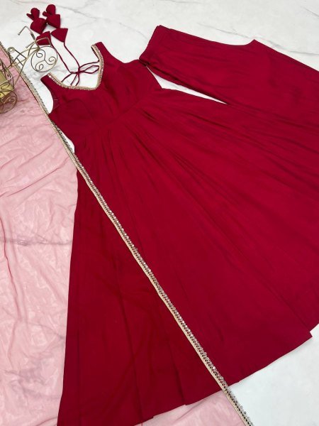Maroon Roman silk Chanderi Anarkali Suit with Dupatta and Pant for complete set Anarkali Kurtis 