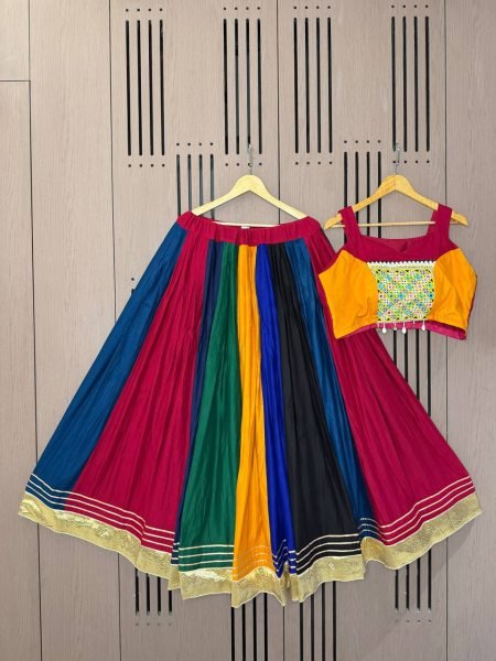 Timeless Multi Color Designer Rayon Navratri Lehenga Choli with Gota Patti Lace Navratri Lehnega Choli