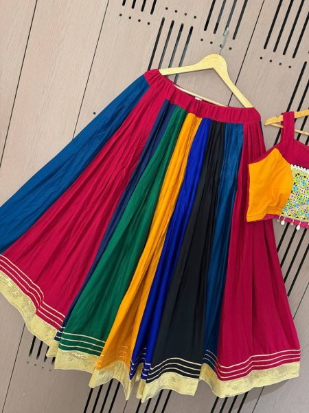 Timeless Multi Color Designer Rayon Navratri Lehenga Choli with Gota Patti Lace Navratri Lehnega Choli