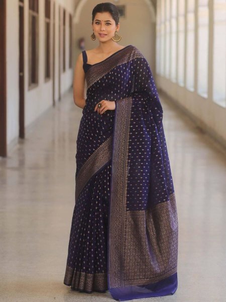 Timeless Navy Blue Soft Lichi Silk Jacquard Saree with Running Border Blouse  