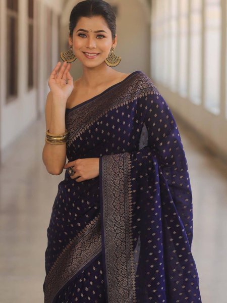 Timeless Navy Blue Soft Lichi Silk Jacquard Saree with Running Border Blouse  Silk Sarees Wholesale