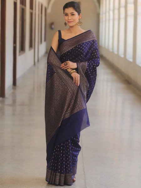 Timeless Navy Blue Soft Lichi Silk Jacquard Saree with Running Border Blouse  Silk Sarees Wholesale