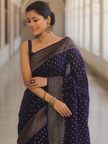 Timeless Navy Blue Soft Lichi Silk Jacquard Saree with Running Border Blouse  Silk Sarees Wholesale
