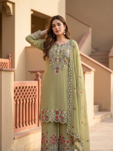 Timeless Olive Green Roman Silk Suits With Plazzo And Dupatta Using Sequence Work  Ready To Wear Collection