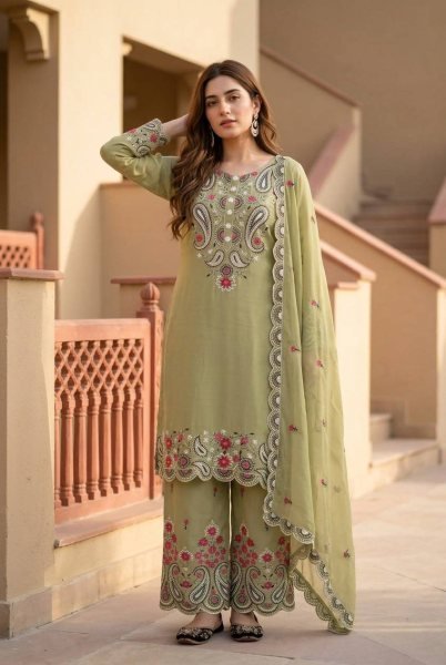 Timeless Olive Green Roman Silk Suits With Plazzo And Dupatta Using Sequence Work  Ready To Wear Collection