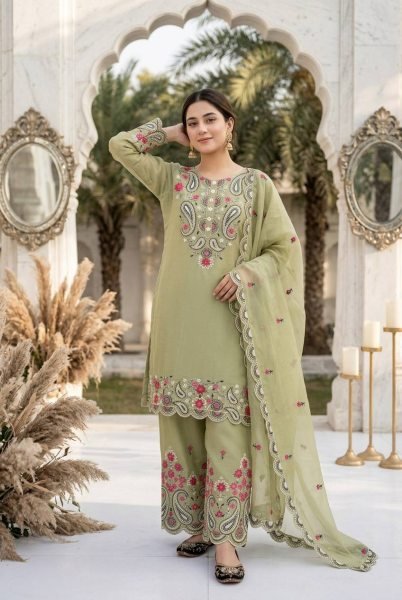 Timeless Olive Green Roman Silk Suits With Plazzo And Dupatta Using Sequence Work  Ready To Wear Collection