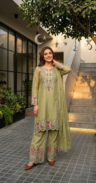 Timeless Olive Green Roman Silk Suits With Plazzo And Dupatta Using Sequence Work  Ready To Wear Collection